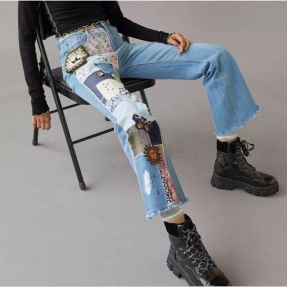 BDG Urban Outfitters High-Waisted Flare Patchwork Craft Jeans Indigo 26 - Picture 2 of 13